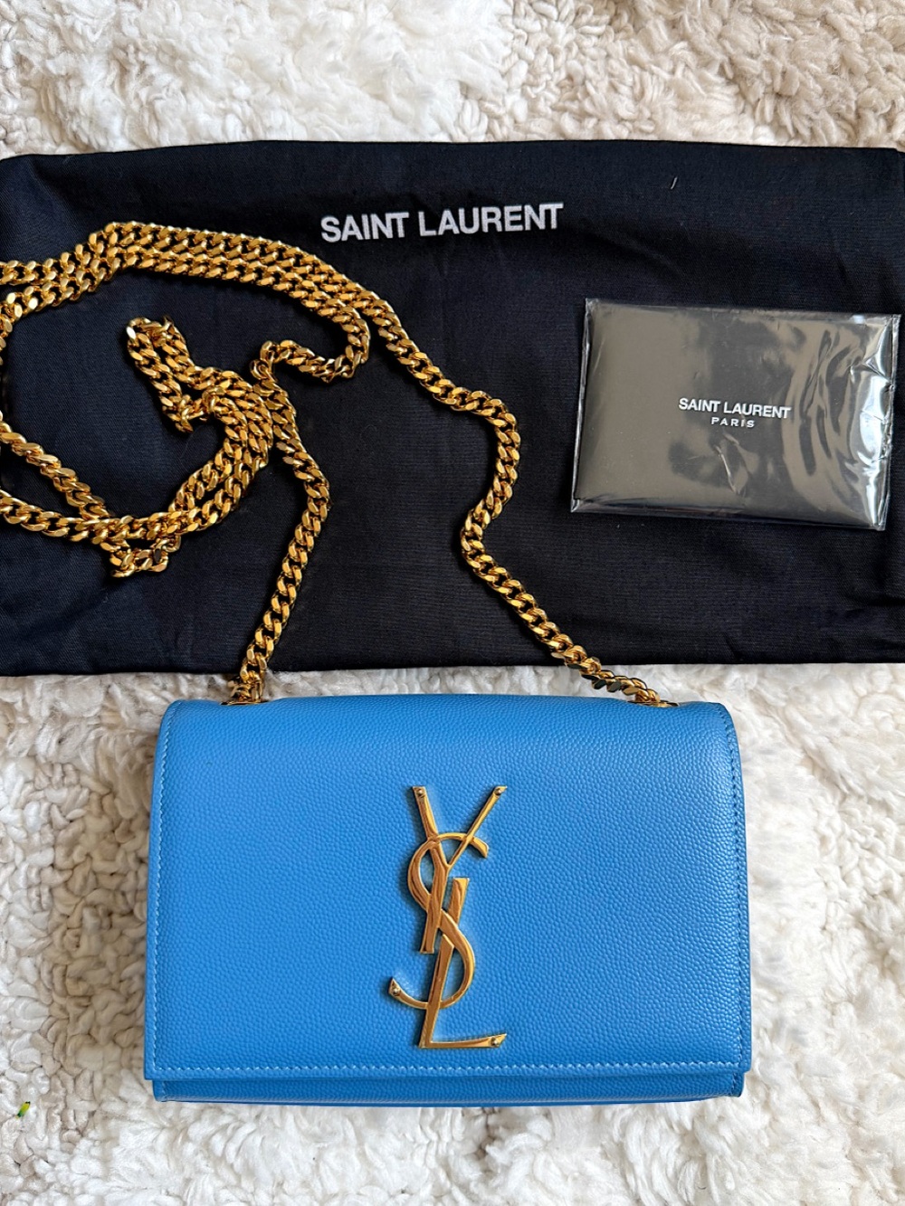 Saint Laurent YSL small Kate blue chain flap bag crossbody shoulder
